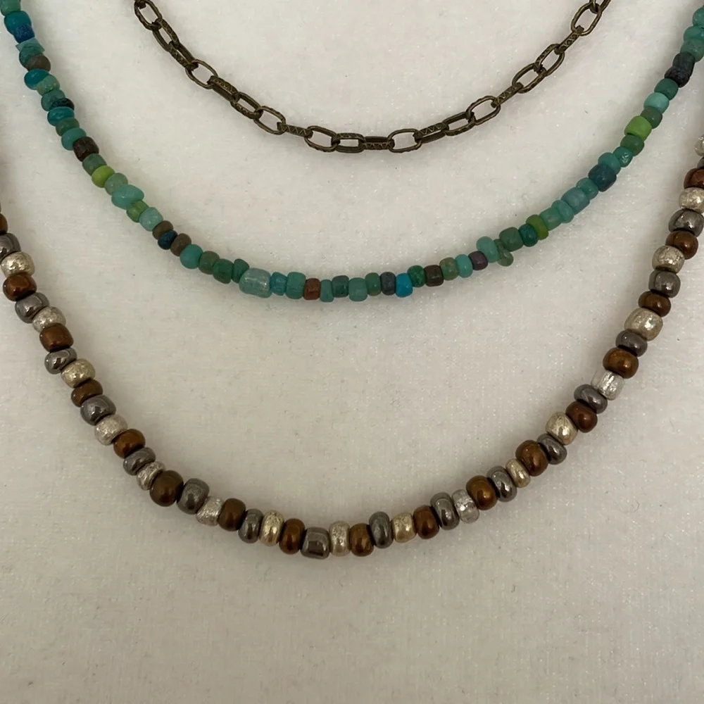 HAND CRAFTED NECKLACE Seed Beads Bronze Pewter Turquoise Mix Antique Brass Boho - Picture 3 of 10